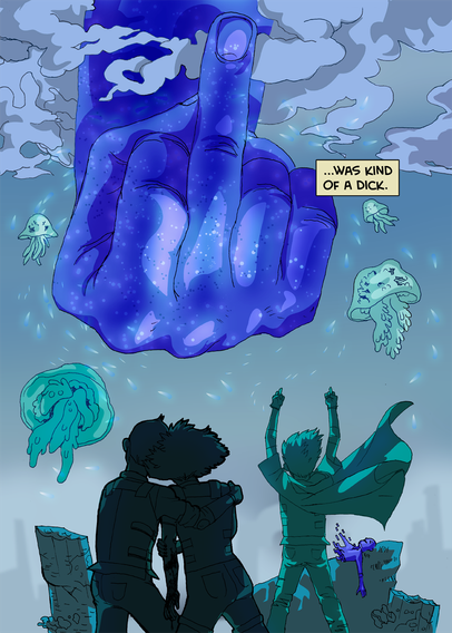 Narration:
"...was kind of a dick."

The cosmic hand flips the world off, surrounded by floating jellyfish-like creatures. In the foreground, two figures embrace while another cheers with arms raised. A fourth figure seems to have fallen, reaching out—their body slowly breaking down into particles towards the sky.