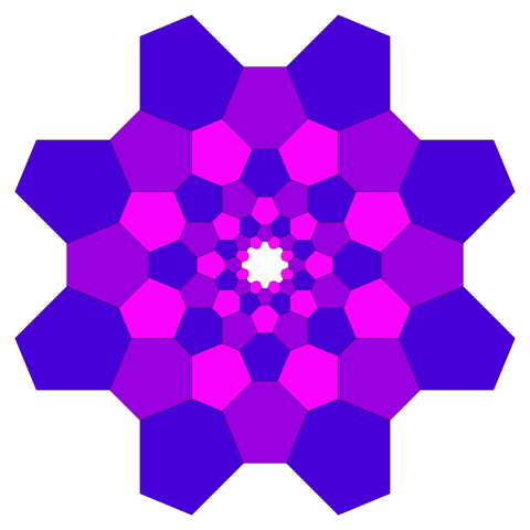A tiling using similar non-regular hexagons, scaled inwards and outwards, with octagonal symmetry. Colours blue, violet and pink.