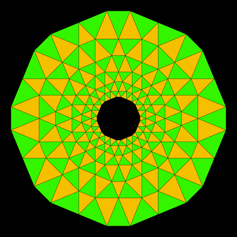 Same tiling but decomposing the hexagons into six similar triangles.