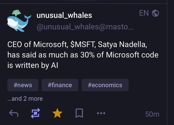 Satya Nadella (CEO of Microsoft) has said as much as 30% of Microsoft code is written by Al
