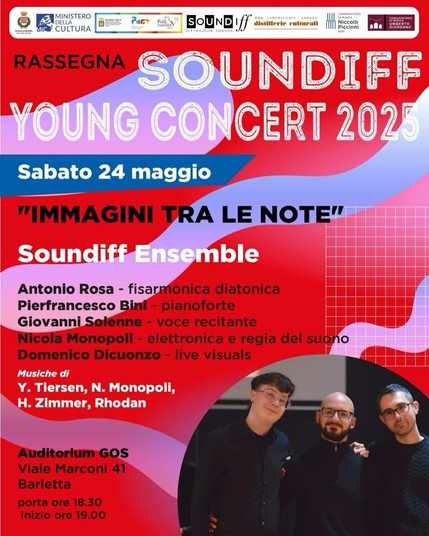 Manifesto del concerto. Antonio Rosa, fisarmonica diatonica; Pierfrancesco Bini, pianoforte; Giovanni Solenne, voce recitante; Nicola Monopoli, elettronica e regia del suono; Domenico Dicuonzo, live visuals. Immagini tra le note.