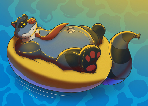 Raccoon pooltoy floating on the water in the innertube, looking at the viewer