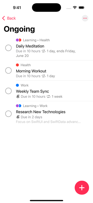 The Ongoing screen, which shows tasks that are currently Ongoing: Daily Medication, Morning Workout, Weekly Team Sync, and Research New Technologies