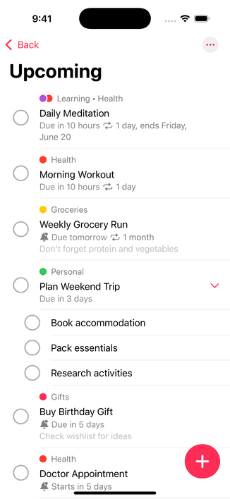 The Upcoming screen, which shows a series of tasks that are upcoming. One of the tasks, Plan Weekend Trip, has subtasks: Book accommodation, pack essentials, and research activities.
