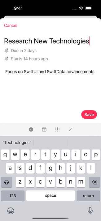 The Edit Task sheet From TaskFrame, it has a keyboard with the task's title in big font and test saying that the task starts 14 hours ago and is due until two days.