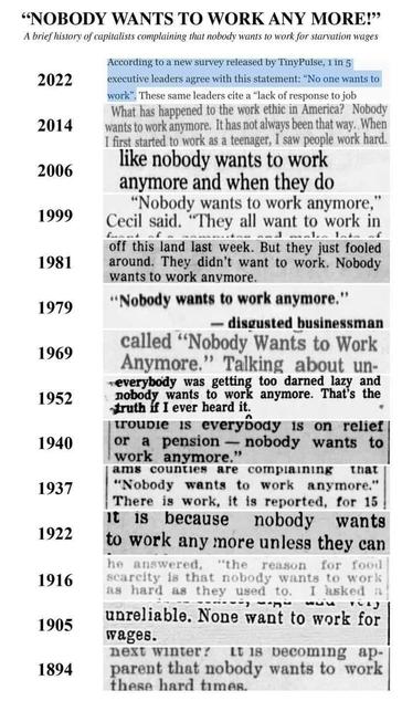 A long list of clips from newspapers going back to 1894 with complaints that "nobody wants to work any more!"