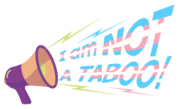 The logo of I am not a taboo of a speakerphone with the words coming out of it. The words are coloured in the Trans Pride colours of blue, pink and white.