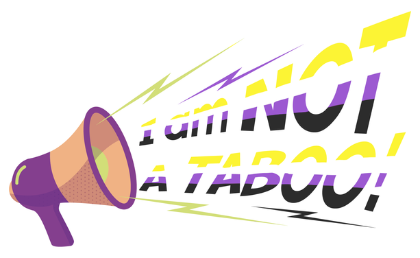 The logo of I am not a taboo of a speakerphone with the words coming out of it. The words are coloured in the Non-Binary Pride colours of yellow, white, purple and black.