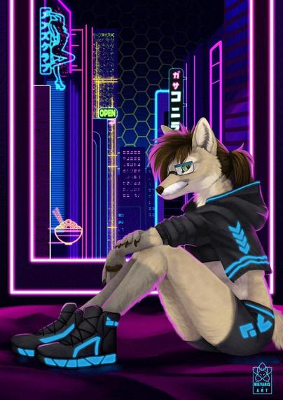 Anthro Vixen sitting on her bed in front of a window with a cyperpunki'ish inspired city in the background.