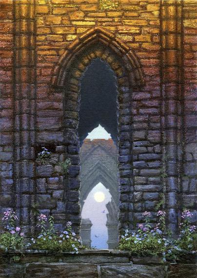 The warm glow of the morning sun hits the top of the rough stone facade of abbey ruins. Delicate wildflowers of pink and blue grow on the step. A view through a thin pointed arch exposes a sequence of similar arches with the final arch broken and incomplete as it frames a full moon against the pale blue morning sky. A pair of seagulls glide in opposite directions.