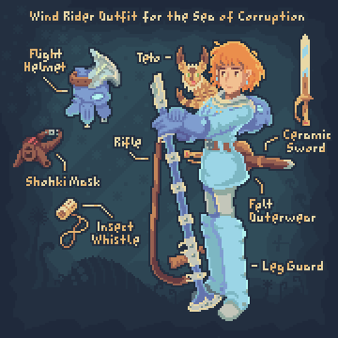 Pixelart based on the manga/movie "Nausicaä Of The Valley Of The Wind", showing the main character, her pet fox-squirrel and various items needed to survive the fungal forest