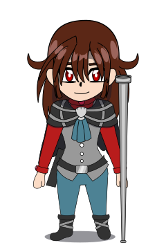 A chibi overworld “sprite” of Damien. He has scruffy reddish-brown hair, red eyes, is wearing a gray vest, blue trousers, red turtleneck with a black winged cape, a seashell brooch, and a blue tie. He is holding a long metal pipe in one hand.