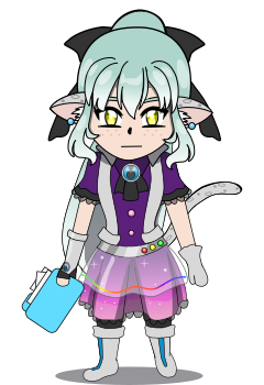 A chibi overworld “sprite” of Marcia. She has long teal hair with a white gradient and has yellow eyes. She is wearing a purple shirt with black lace and pink buttons, a pink and purple galaxy-patterned skirt with black lace, black leggings, silver boots and silver leggings. She is holding a folder.