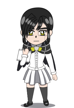 A chibi overworld “sprite” of Juna. She has medium-length black hair in a ponytail, has gold eyes, is wearing a monocle, a white button-down minidress with black socks and black dress shoes. She is wearing a black winged cape with a seashell brooch and gold bowtie. She is holding a book in one hand.