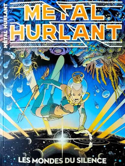 Couverture du numéro 15 du magazine Métal Hurlant, mai 2015.
Une héroïne en scaphandre futuriste sous les eaux d'un monde étrange illustre la thématique : Les Mondes du Silence.