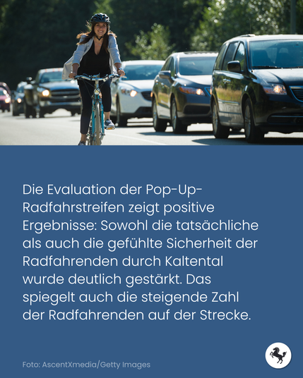 Foto: Frau auf einem Fahrrad im Vordergrund und vorbeifahrende Autos im Hintergrund. Text: Die Evaluation der Pop-Up-Radfahrstreifen zeigt positive Ergebnisse: Sowohl die tatsächliche als auch die gefühlte Sicherheit der Radfahrenden durch Kaltental wurde deutlich gestärkt. Das spiegelt auch die steigende Zahl der Radfahrenden auf der Strecke.