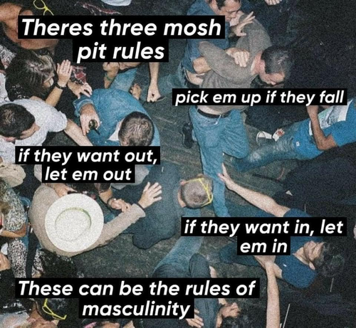 An arial view of a mosh pit, with the caption:

"There's three mosh pit rules

Pick em up if they fall
If the want out, let em out
If they want in, let em in

These can be the rules of masculinity"