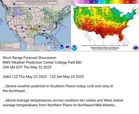 Valid 12Z Thu May 22 2025 - 12Z Sat May 24 2025

...Severe weather potential in Southern Plains today; cold and rainy in
the Northeast...

...Above average temperatures across southern tier states and West; below
average temperatures from Northern Plains to Northeast/Mid-Atlantic...