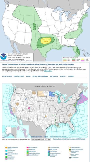 Severe Thunderstorms in the Southern Plains; Coastal Storm to Bring Rain and Wind to New England
Severe thunderstorms are possible across parts of the southern Plains today. Large hail is the main threat, along with some damaging winds. A few instances of 2+ inch diameter hail are possible. A storm system moving north along the New England coast will bring heavy rain and gusty winds to the region through Friday