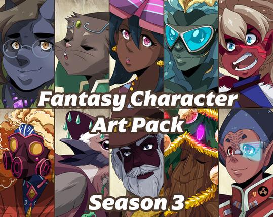 A title card for my Fantasy Character Art Pack, Season 3, featuring some of the designs included in this set.