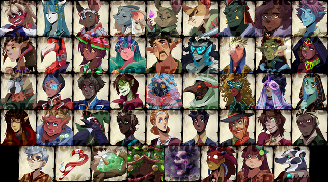A grid showing all the unique designs in this set. Each of these designs comes in various colour ways, as indicated by the same characters from the first image appearing here again, but different.