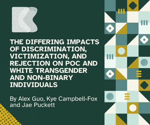 Dark green flyer with white lettering that reads "The Differing Impacts of Discrimination, Victimization, and Rejection on POC and White Transgender and Non-Binary Individuals by Alex Guo, Kye Campbell-Fox and Jae Puckett"
