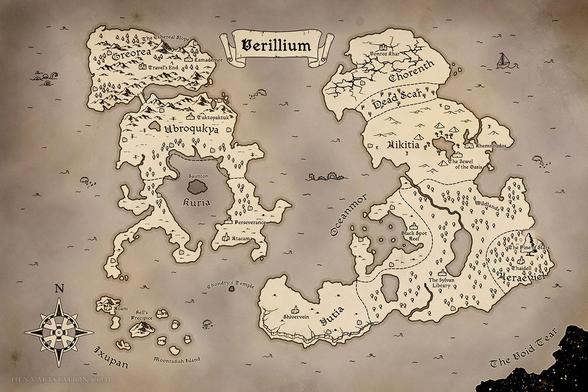 Old-style fantasy map illustration of a fictional world in black and white line art with a parchment-like background. The water areas are in a darker shade than the landmass. There are some stains and discoloration on the map surface.