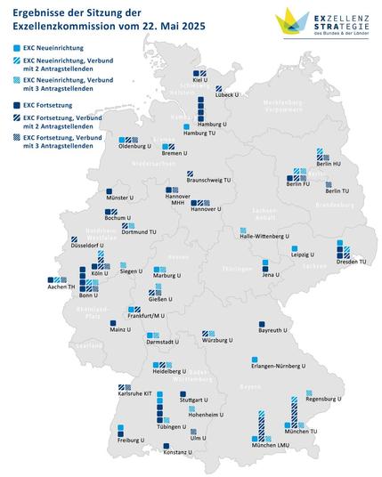 Deutschlandkarte der Verteilung der Exzellenzcluster auf Bundesländer und Universitäten.