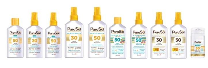 Produits Solaires - ParaSol - Spray Sensitive 30, Spray Sensitive 50, Spray 30 Protection&Bronzage, Spray 50 Protection&Bronzage, Lait 50 Enfants, Spray 50+ Enfants, Crème visage Sensitive 50+, Lait Sensitive 50 mini, Spray Sensitive 30 Mini, Spray Sensitive 50 mini