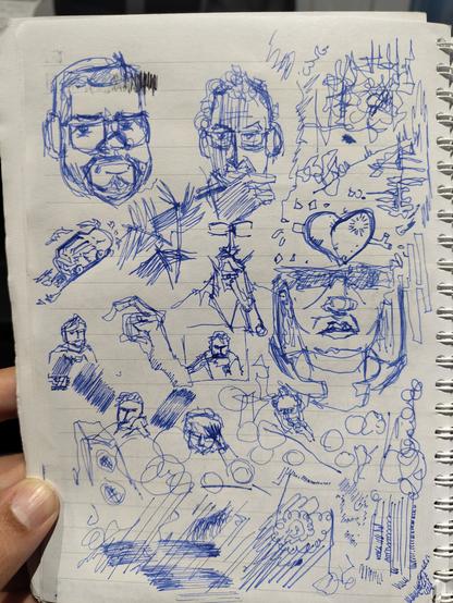 Llibreta d'anelles amb paper amb línies. Pàgina de gargots fets amb ploma estilogràfica de tinta blava.

Entre altres coses, s'hi distingeixen algunes cares i mans.