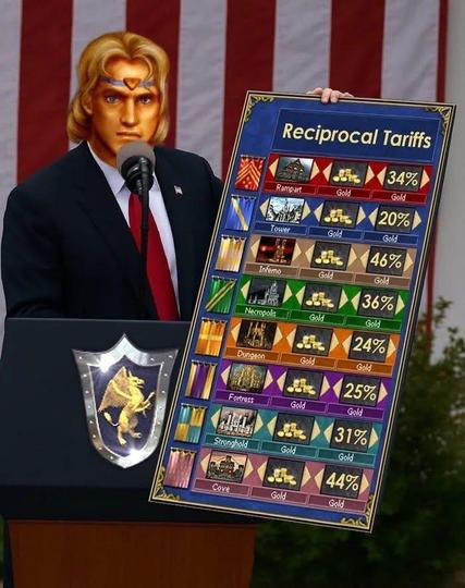 Lord Haart standing on a podium with a microphone, holding a list of tariffs on Rampart, Tower, etc