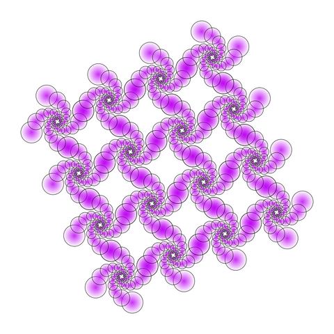 Geometric drawing of purple circles making double spirals in a square grid pattern.