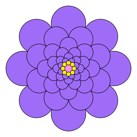 Circles growing from the center looking like a flower, purple with yellow stamen, octagonal symmetry.
