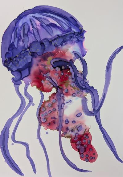 Artwork, alcohol ink, a purple jellyfish in different shades of pink and purple