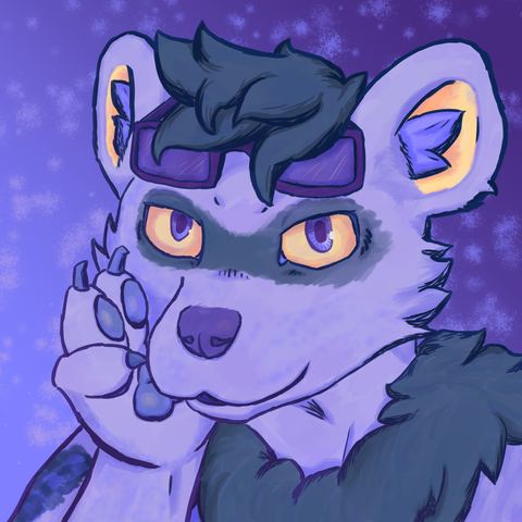Blue anthropomorphic ferret wearing sunglasses atop his head with his right paw by his muzzle.