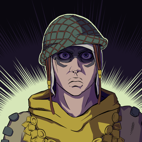 Axl RO from Jojo part 7 staring straight ahead, imitating the "Thousand Yard Stare" painting.