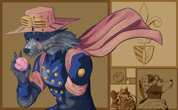 Blaidd from Elden Ring dressed as Gyro from Jojo part 7 holding a steel ball. Portraits of a couple other furry characters are dressed as other part 7 characters.