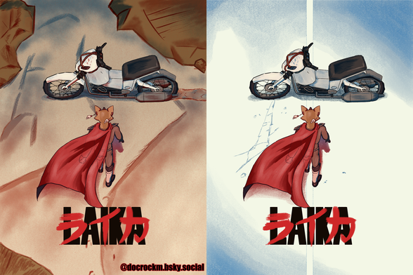 2 drawings with different backgrounds of Laika, from Laika: Aged Through Blood, approaching her motorcycle in homage to the movie poster for Akira (1988). The right replicates the background of the original poster.