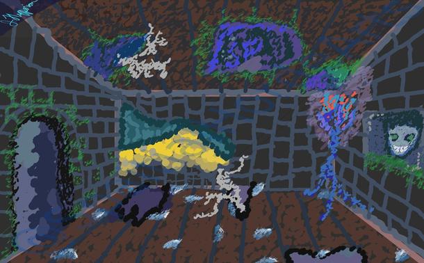 Inside a decaying room. The walls are made of a grey stone. To the left is a door opening to darkness, surronded by moss. In the right wall  is a window, a toothy grinned face staring in, and moss coming in from the bottom of the window. The back wall is broken to reveal a green space holding a pile of coins. The ceiling and floor are mad of wood. Both have holes broken through out. The ceiling looks to a darkened sky, the floor to the darkness below. There are white roots coming in from a couple of the holes. On the floor are broken shards of glass. In the far right corner is a blue braizer with orange and blue flames.