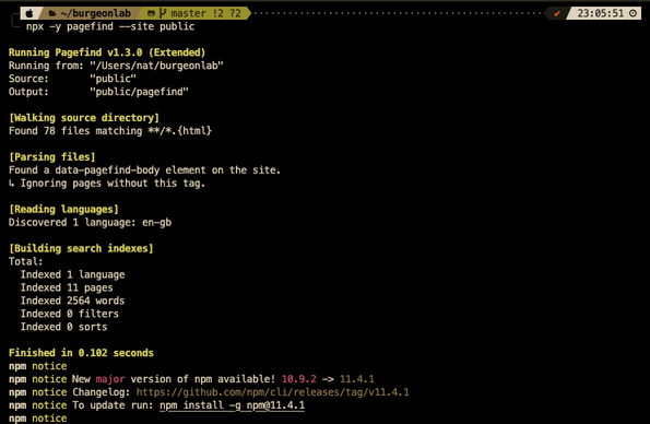 Screen shot of terminal showing `npx -y pagefind --site public` running.