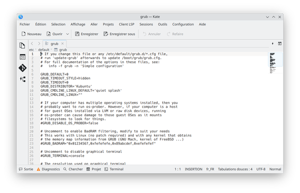 GRUB_DEFAULT=0
GRUB_TIMEOUT_STYLE=hidden
GRUB_TIMEOUT=0
GRUB_DISTRIBUTOR='Kubuntu'
GRUB_CMDLINE_LINUX_DEFAULT='quiet splash'
GRUB_CMDLINE_LINUX=""