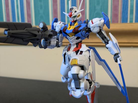 The HG Gundam Aerial in Bit-On form (all the pieces of the shield separately attached to the frame)