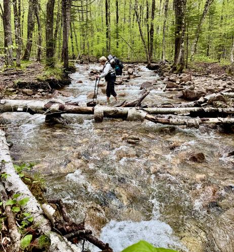 Photo of hiker walking across a small stream.  The hiker's pants are rolled up so as not to get wet. The hiker has a white backpack on her back and a trekking pole in each hand, which are used for balance while crossing the stream. A large tree that had fallen across the stream is in the foreground.  Green trees line the bank of the stream.

Hellgate Brook at intersection with Franconia Brook Trail.  This is Lori who I hiked with on this trip.