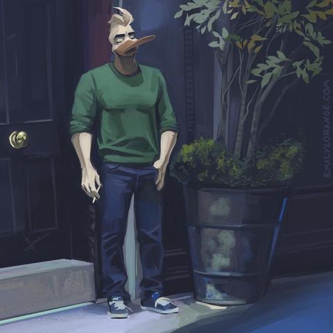 a digital painting of the popular meme showing ben affleck standing outside his door, smoking a cigarette and visibly exhausted, but he has been turned into an anthropomorphic duck