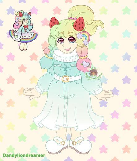 a alcremia pokemon design redesigned to look like a human

they have rainbow hair with lots of cute clips of strawberries stars and rainbows, their hair has been changed to be braided with yellow nad pink scrunchies, their eyes are blue yellow and red

they wear a clown neck collar, with a blue to white gradient 80s style dress and white belt and white shoes