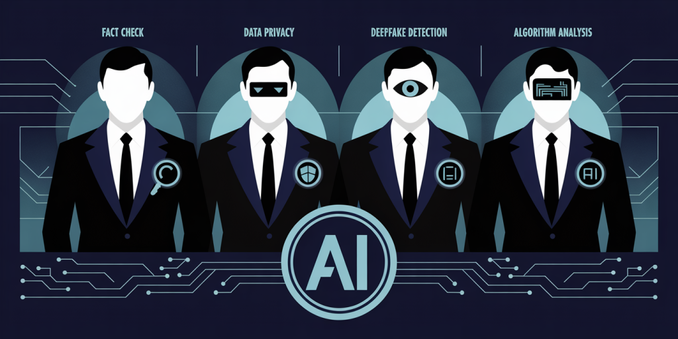 A stylized Art Deco poster depicting a team of four AI agents reminiscent of a classic spy thriller. Each agent wears a sleek black suit with a distinct glowing symbol representing their specialty – a magnifying glass for "Fact Check", a shield for "Data Privacy", an eye for "Deepfake Detection", and a circuit board for "Algorithm Analysis". Centrally placed is a modified 007-style logo incorporating stylized AI circuit patterns in silver and blue against a deep navy background. The background features subtle, geometric patterns and gradients inspired by Saul Bass' iconic title sequences, evoking a sense of mystery and sophisticated technology.