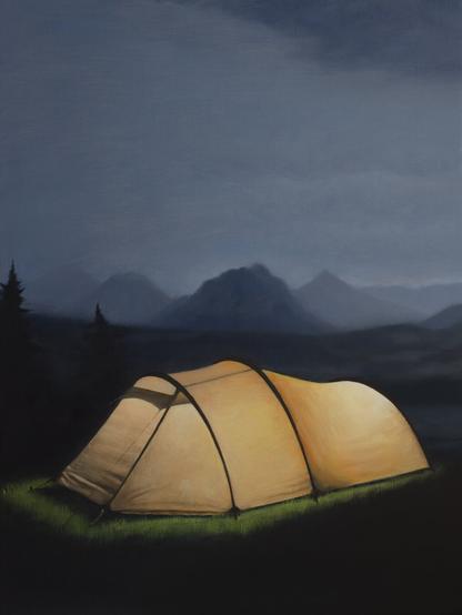 A late night landscape with mountains in the background. On the front plane there's a small traveler's tent lighting up like a light bulb