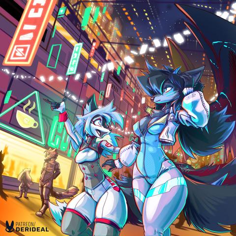 Two vixens walking along a futuristic night time market district. The taller one has dark fur and is wearing a light blue / almost white, partially unzipped bodysuit paired with an open white cropped jacket. The shorter one one has a light / dark fur pattern similar to a husky and light hair, wearing a white and grey uniform with red accents.