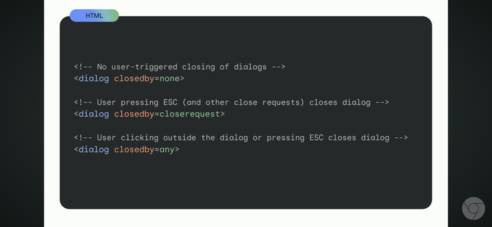 GoogleIO25 WebUI screenshot, [closedby] attribute with "any" property allows light dismiss on <dialog> HTML element