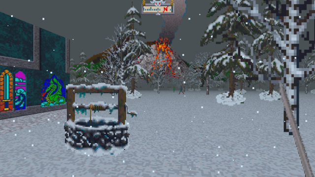 🕶️ A view of its IU during the game, in 1st person, in a snowy winter environment. The player is armed with his sword, facing a water well, and in the background a volcano is erupting.

📚️ The Elder Scrolls: Arena is the 1st installment in the series The Elder Scrolls (from the studio Bethesda Softworks, which made it free to play in 2004), released in 1994, and 8 times awarded. It is a solo action RPG game in an open world in which the player - a gladiator on the continent of Tamriel, is entrusted with the mission to find an artifact which has been broken and scattered in 8 pieces throughout the Empire, in order to free its legitimate Emperor, victim of Jagar Tharn, a traitor who usurped his identity to seize power. OpenTESArena is a libre, multi-platform engine (under development) compatible with its data. At version 0.16, the game begins to be playable (playable starting dungeon, collision detection & basic stats).